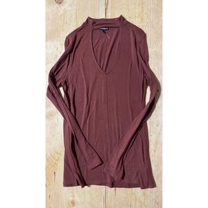 Express Women's Mauve Rust‎ Choker Neck Cutout V-Neck Long Sleeve Top Size M